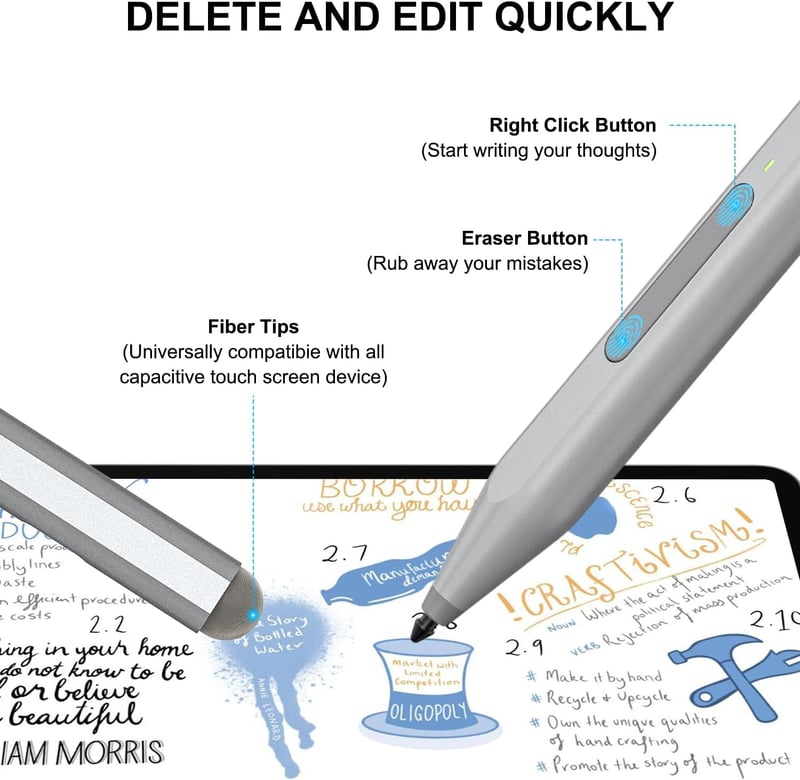 KOKABI Stylus Toll Microsoft Surface Készülékekhez - 1024 Nyomásérzékenységi Szint, Radír Funkcióval, Dupla Mágnessel, Pro 3-9/X, Go 3, Ezüs