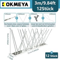 Țepi Antiporumbel KOKMEYA din Oțel Inoxidabil 3 m (12 buc. x 25 cm) - Rezistenți la coroziune, tip 304, cu 24 de șuruburi și 24 de coliere incluse - Pentru balcon, jgheab, acoperiș și balustradă 2