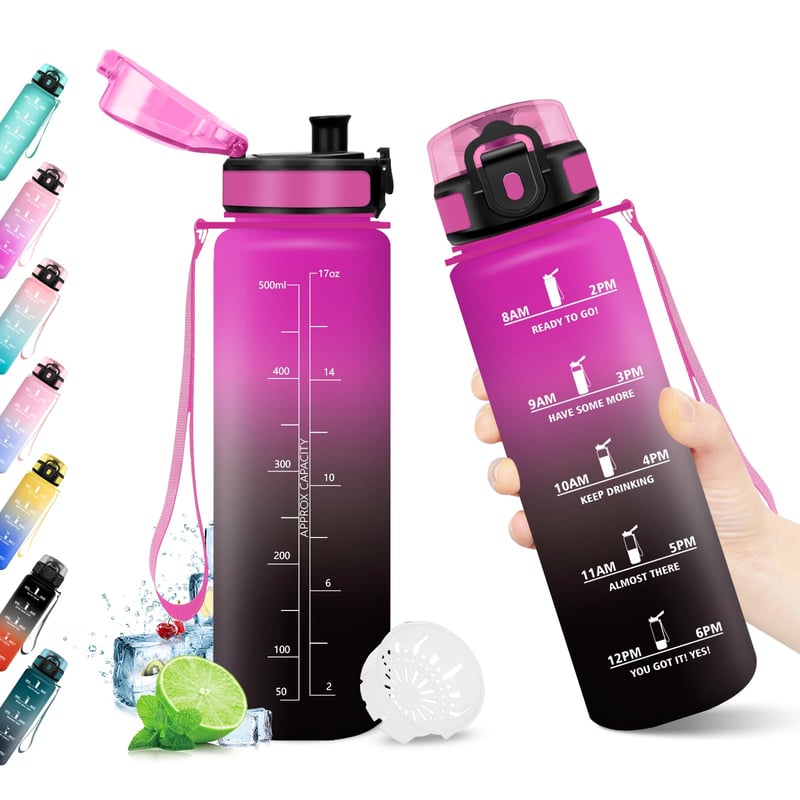 KollyKolla boca za vodu od 500 ml s oznakom vremena i cjedilom, nepropusna, bez BPA, za sport, fitness, biciklizam, ured, školu i aktivnosti na otvorenom