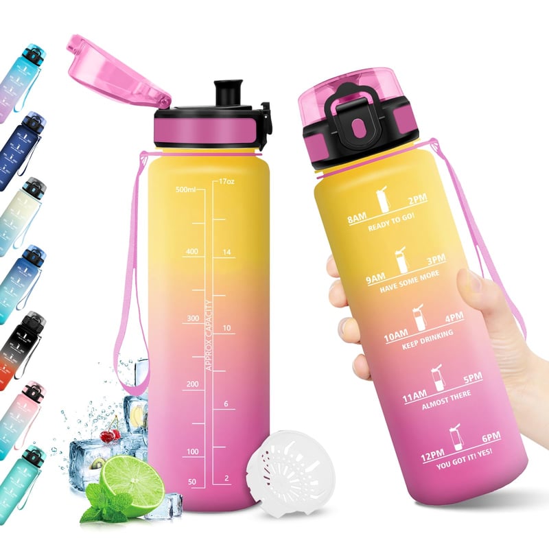 Športová fľaša KollyKolla 500 ml, bez BPA, nepriepustná fľaša na vodu s časovým označením a sitkom, vhodná na fitness, do školy, na bicykel, jogu a kempovanie