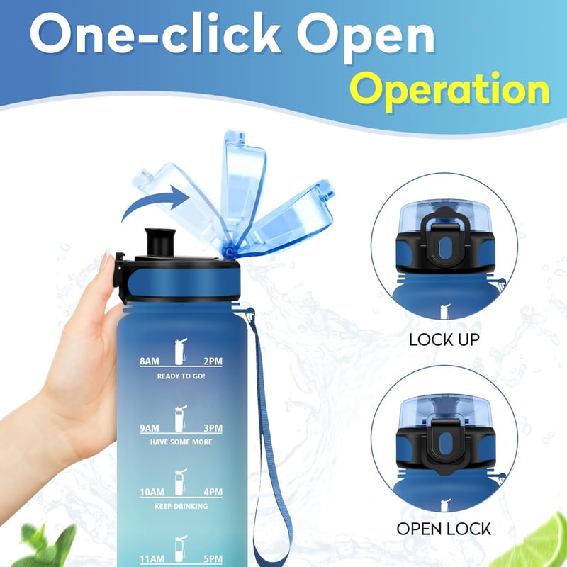 KollyKolla szénezett ivópalack 500ml-1.5L időjelöléssel, szivárgatásmentes sportpalack gyerekeknek és felnőtteknek - 1,000 ml, Blue + Green