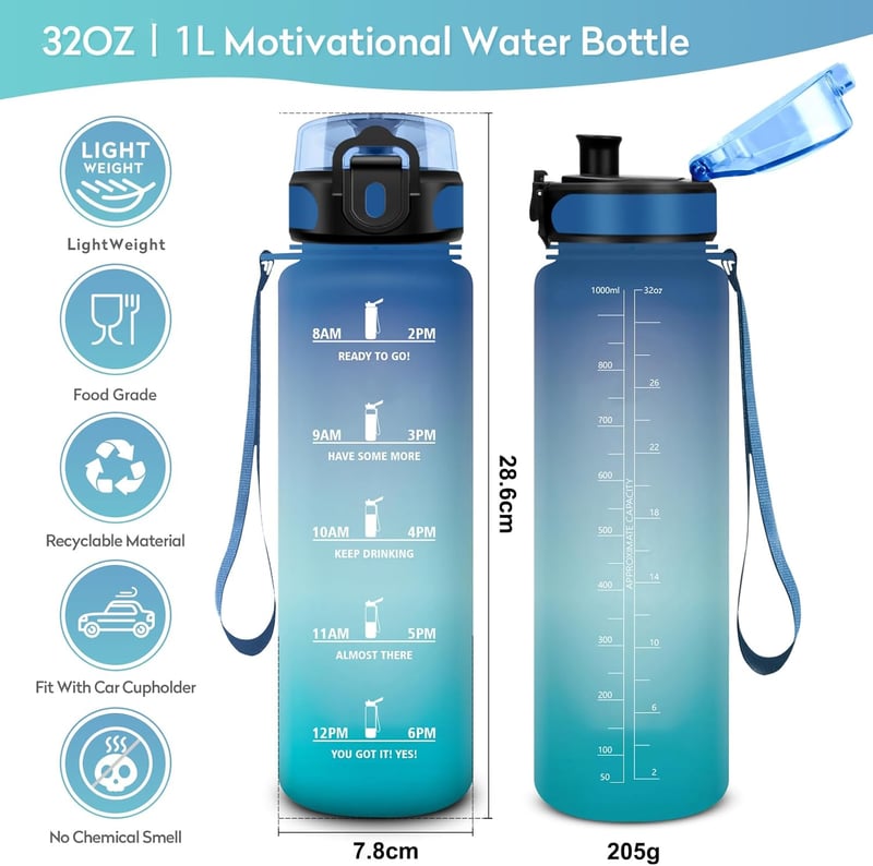 KollyKolla szénezett ivópalack 500ml-1.5L időjelöléssel, szivárgatásmentes sportpalack gyerekeknek és felnőtteknek - 1,000 ml, Blue + Green