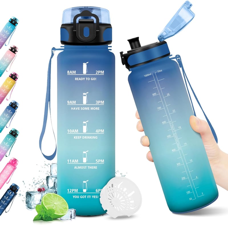 KollyKolla szénezett ivópalack 500ml-1.5L időjelöléssel, szivárgatásmentes sportpalack gyerekeknek és felnőtteknek - 1,000 ml, Blue + Green