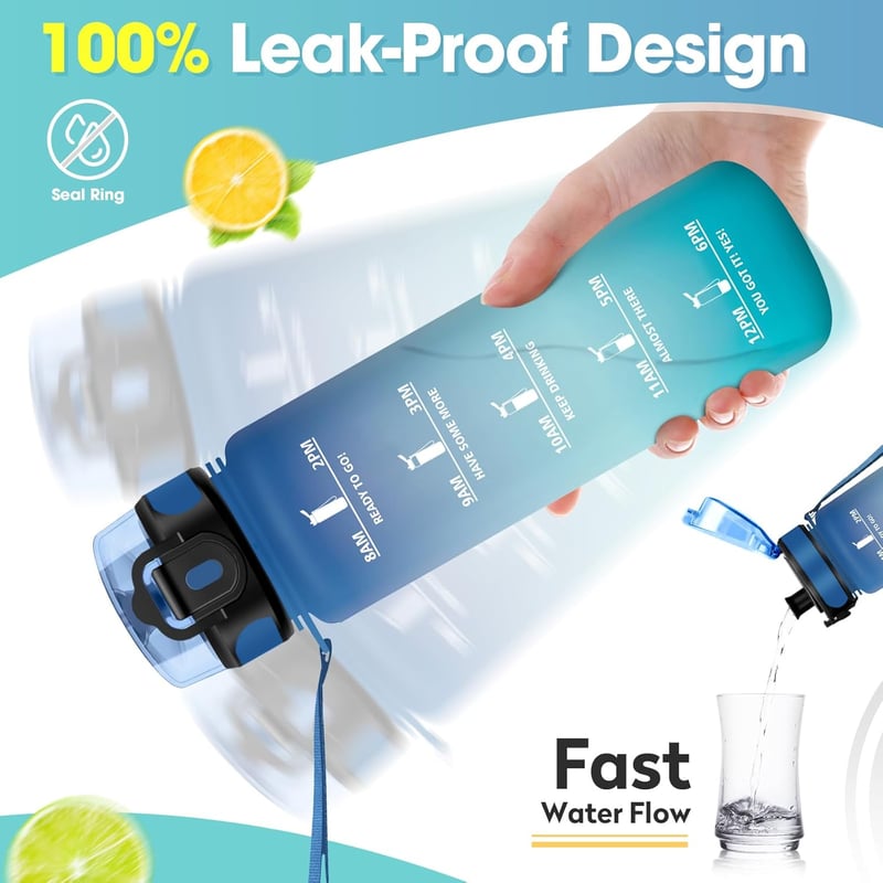 KollyKolla szénezett ivópalack 500ml-1.5L időjelöléssel, szivárgatásmentes sportpalack gyerekeknek és felnőtteknek - 1,000 ml, Blue + Green