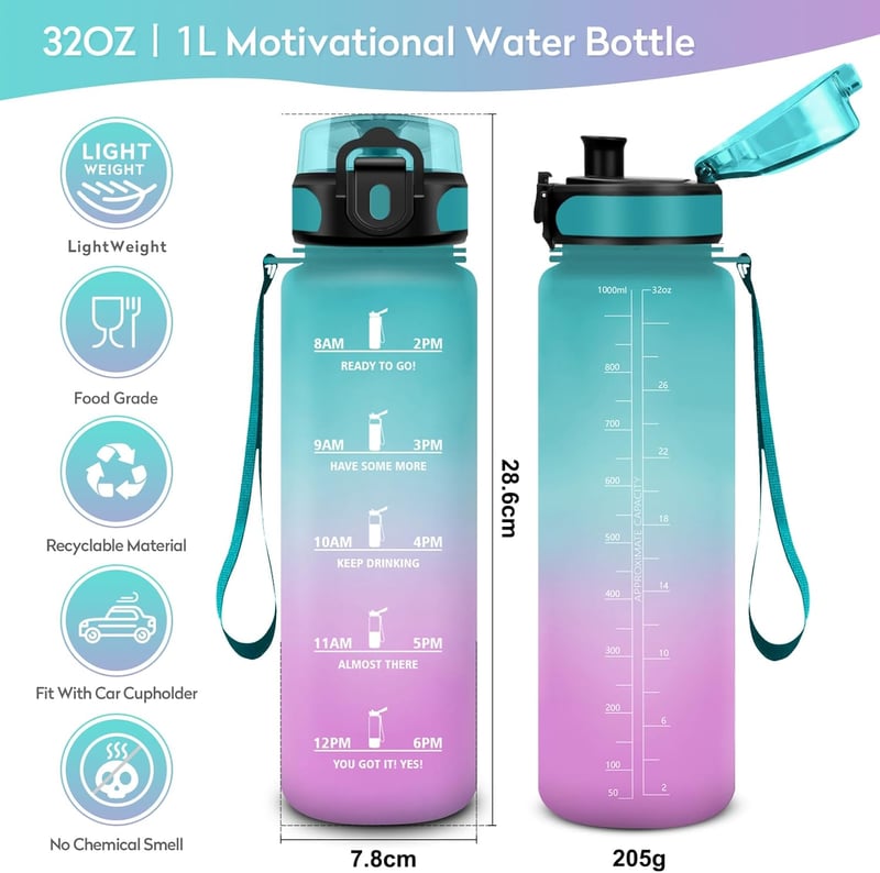 KollyKolla Szódásított Ivópalack 500ml-1.5L Időjelöléssel Gyerekeknek Felnőtteknek - 1,000 ml, Green and Light Pink