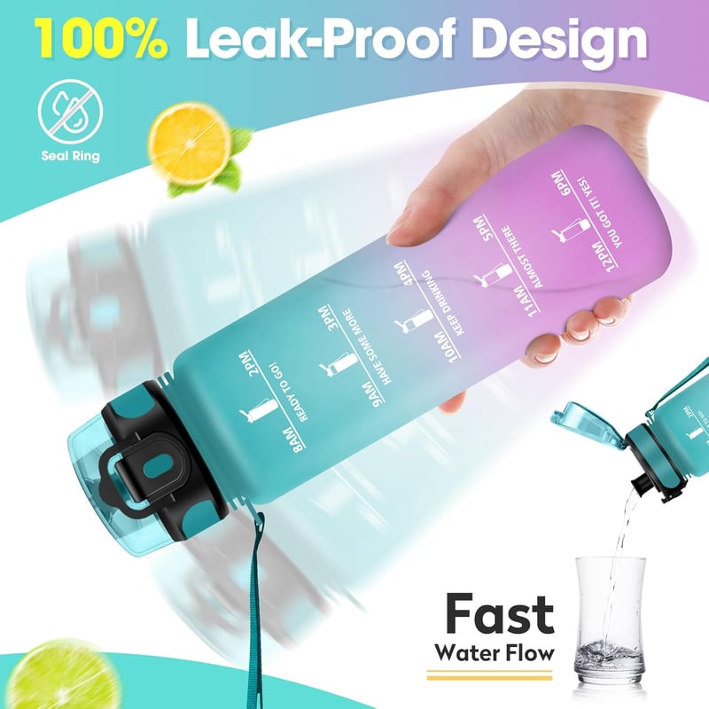 KollyKolla Szódásított Ivópalack 500ml-1.5L Időjelöléssel Gyerekeknek Felnőtteknek - 1,000 ml, Green and Light Pink