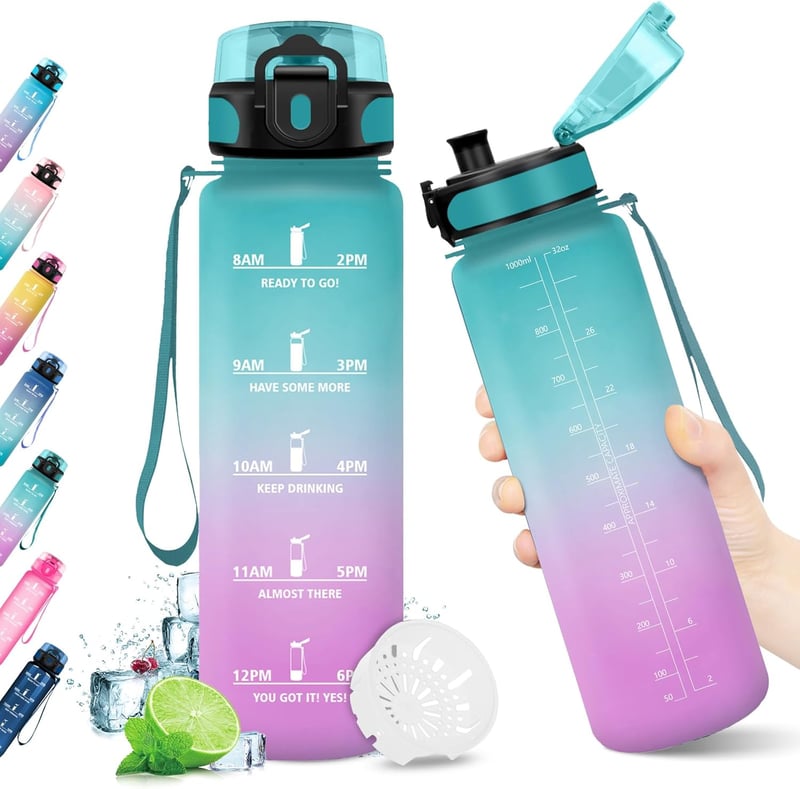 KollyKolla Szódásított Ivópalack 500ml-1.5L Időjelöléssel Gyerekeknek Felnőtteknek - 1,000 ml, Green and Light Pink