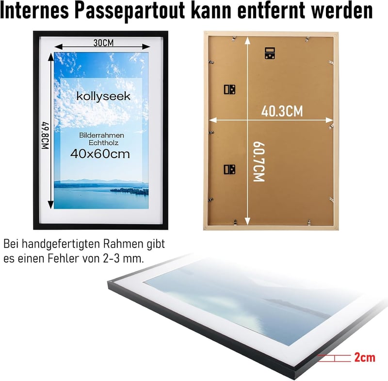 Kollyseek Képkeret 40x60 cm Fekete Fenyőfa Kerettel Paszpartúval Törésálló Akril Üveggel Fali Asztali Fotókeret Lakásdekoráció