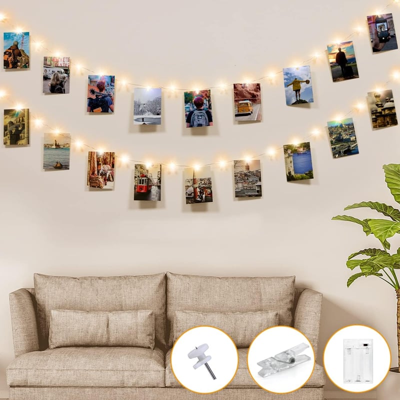 kolpop LED Fotófüzér Csipeszekkel - 5m 50 LED Meleg Fehér Fényfüzér Képek Kihelyezéséhez - Elemes Dekorációs Világítás Szobába, Esküvőre, Pa