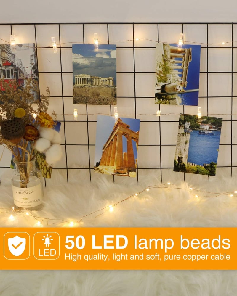 kolpop LED Fotófüzér Csipeszekkel - 5m 50 LED Meleg Fehér Fényfüzér Képek Kihelyezéséhez - Elemes Dekorációs Világítás Szobába, Esküvőre, Pa