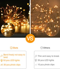 kolpop LED Fotófüzér Csipeszekkel - 5m 50 LED Meleg Fehér Fényfüzér Képek Kihelyezéséhez - Elemes Dekorációs Világítás Szobába, Esküvőre, Pa 6