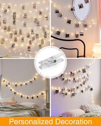 kolpop LED Fotófüzér Csipeszekkel - 5m 50 LED Meleg Fehér Fényfüzér Képek Kihelyezéséhez - Elemes Dekorációs Világítás Szobába, Esküvőre, Pa 5