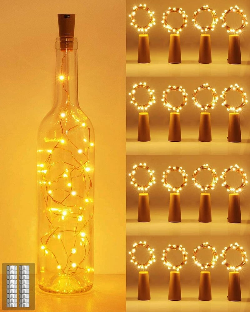 Kolpop Üvegpalack Fénysor Parafadugóval - 2m 20 LED Meleg Fehér Világítás Elemmel - Beltéri/Kültéri Dekoráció Esküvőre, Partikra