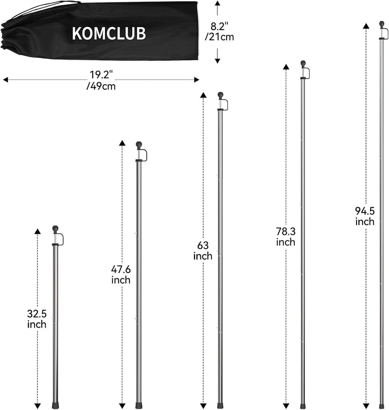 KOMCLUB Teleszkópos Sátorrúd Készlet - 240 cm Rozsdamentes Acél, Állítható Kempingrudak Sátorhoz, Napellenzőhöz, 2 db Tárolótáskával