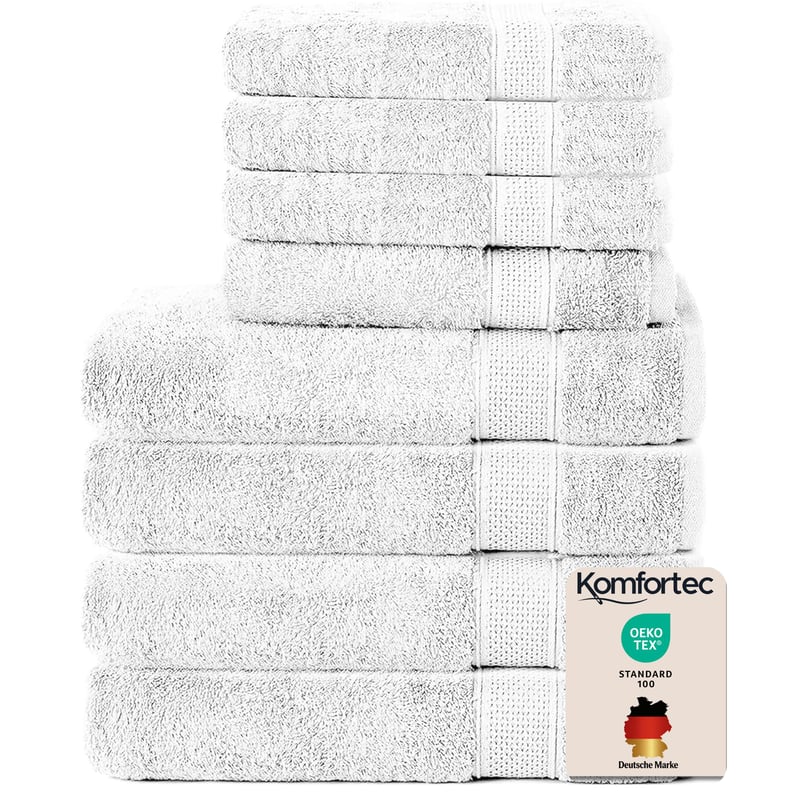 Sada 8 uterákov Komfortec, 4 osušky (70x140 cm) a 4 uteráky na ruky (50x100 cm), 100% bavlnené froté, biela