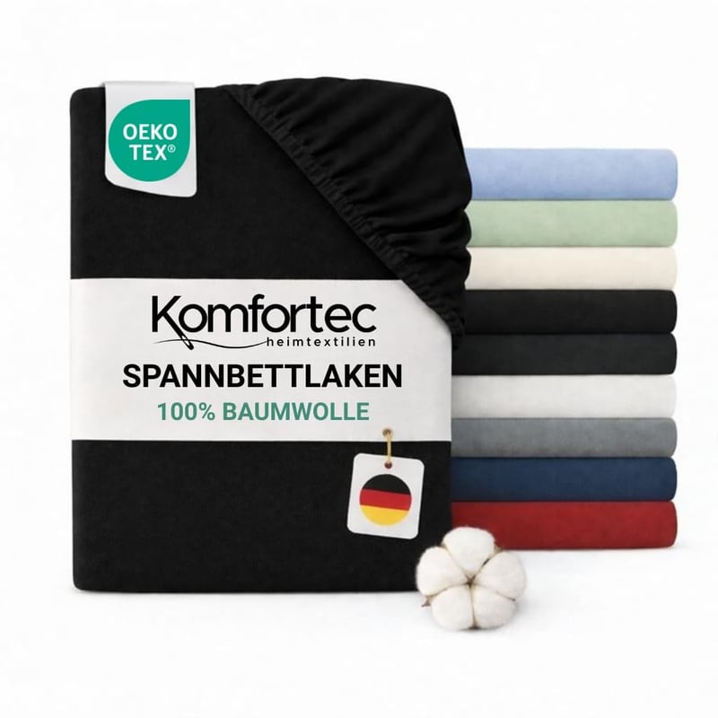 Napínacia plachta Komfortec Jersey 160x200 cm, 100% bavlna, čierna, 135 g/m², priedušná, s certifikátom Oeko-Tex, na boxspringové matrace a vrchné matrace (toppery)