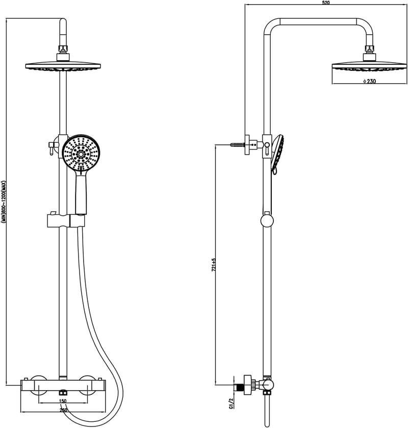KOMIRO Termosztátos Zuhanysystem 23x23cm Esőzuhany 5 Funkció Kézizuhany Rozsdamentes Acél