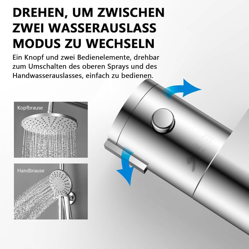 KOMIRO Termosztátos Zuhanysystem 23x23cm Esőzuhany 5 Funkció Kézizuhany Rozsdamentes Acél