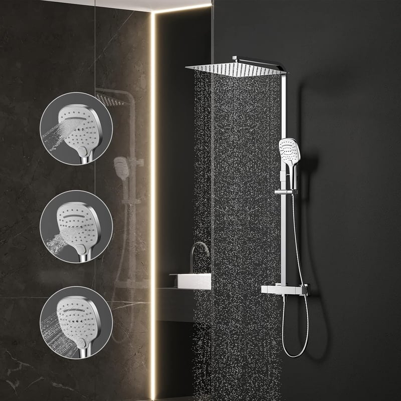 KOMIRO Termosztátos Zuhanyszett 30x30 cm Esőztető Fejjel - Réz Szeleppel, Fali Zuhanypanel Rendszer Fürdőszobába, Ezüst