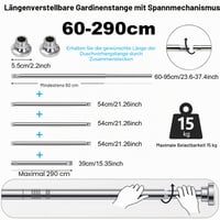 Teleskopická sprchová tyč Kongming bez vŕtania 60 – 290 cm, biela nehrdzavejúca oceľ, protišmyková upínacia tyč na závesy 2