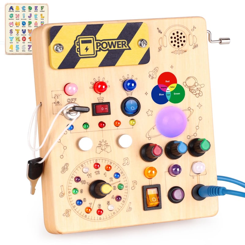 Jucărie Montessori Konijiwa tip Busy Board din lemn pentru copii de 1, 2, 3 ani - 12 întrerupătoare și 24 de lumini LED - Tablă de activități senzoriale pentru dezvoltare, pentru băieți