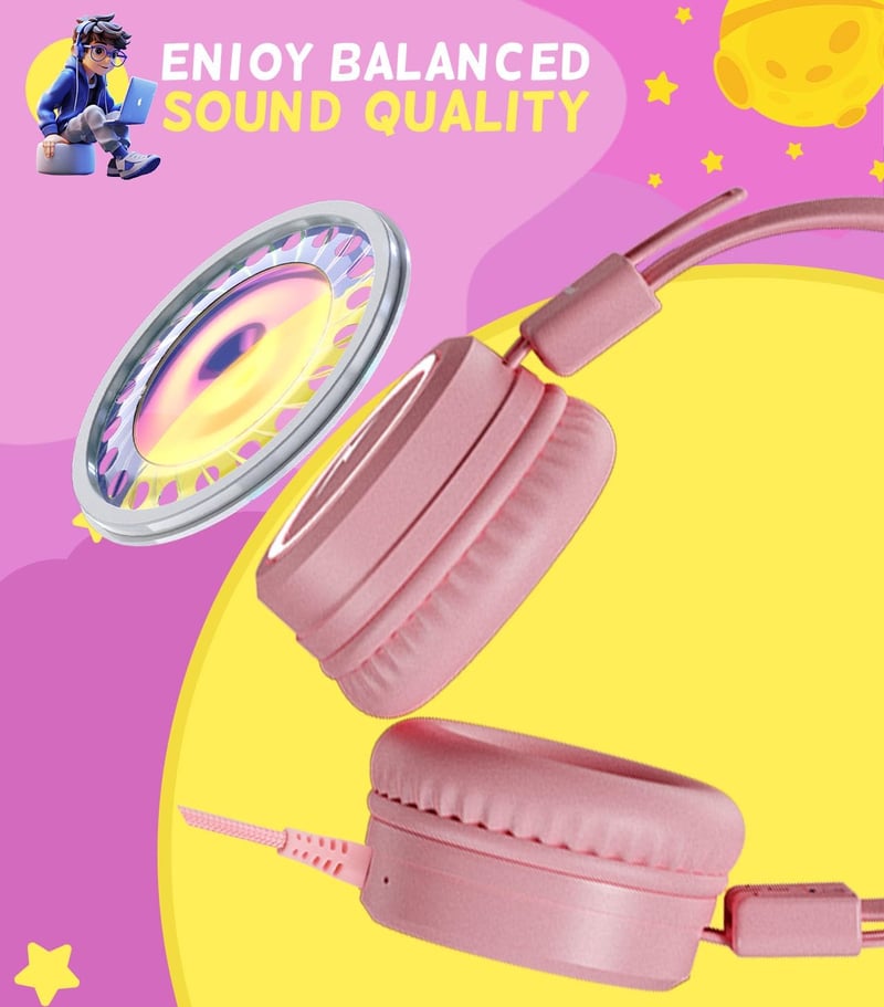 KONNAO Gyerek Fejhallgató Iskolához USB-C LED Világítással, Összecsukható Vezetékes Fülhallgató Mikrofonnal 85/94 dB Hangerő Korlátozóval