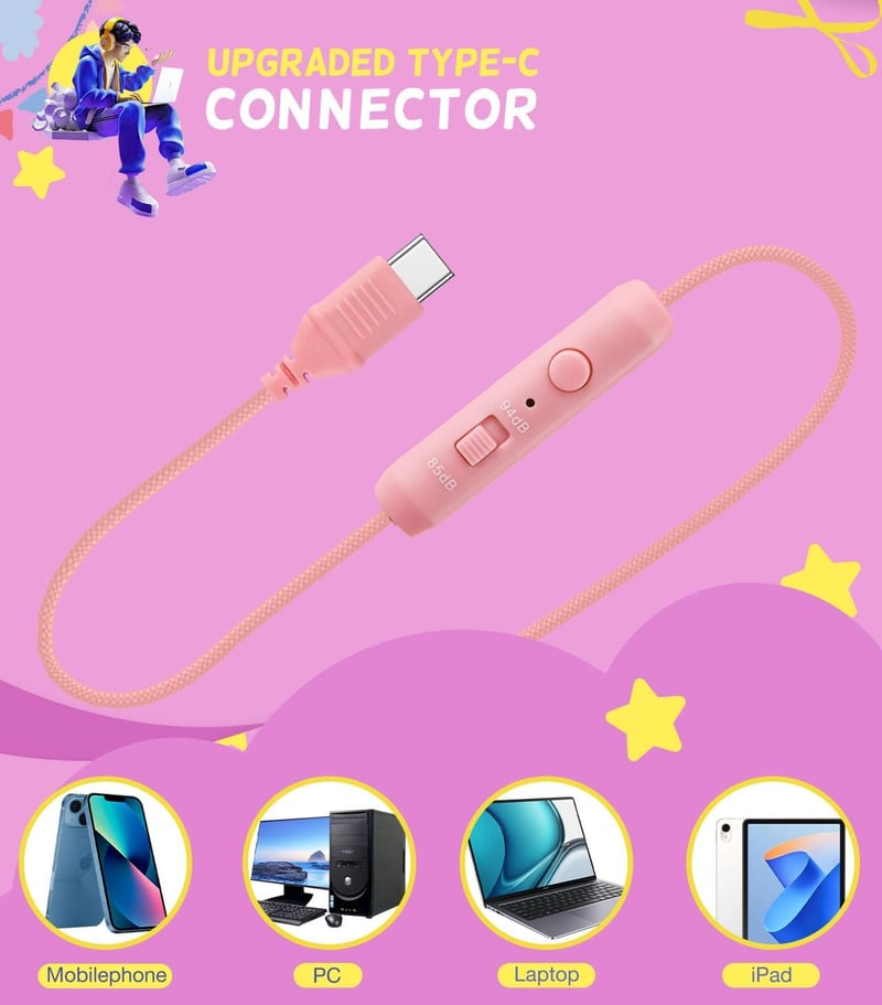 KONNAO Gyerek Fejhallgató Iskolához USB-C LED Világítással, Összecsukható Vezetékes Fülhallgató Mikrofonnal 85/94 dB Hangerő Korlátozóval