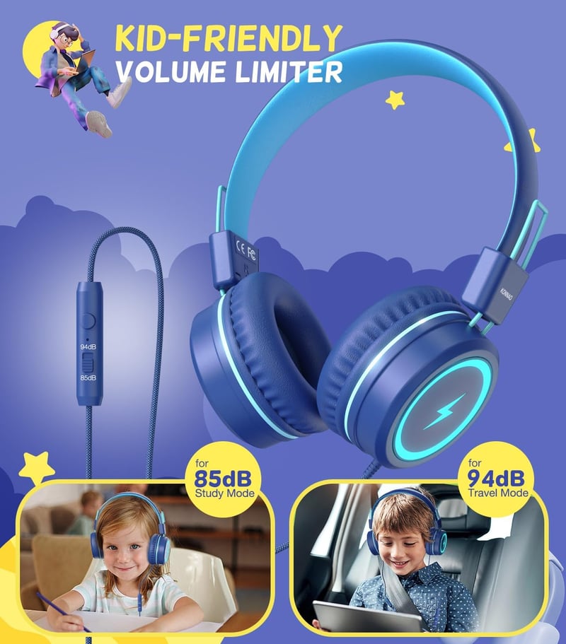 KONNAO Gyerek Fejhallgató USB-C LED Fénnyel, Összecsukható Vezetékes Headset Mikrofon 85dB Hallásvédelem