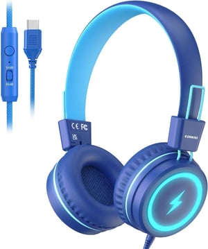 Căști pentru copii KONNAO cu port USB-C, lumină LED, microfon și protecție auditivă de 85/94 dB