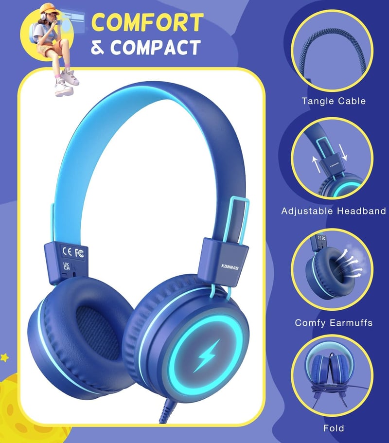 KONNAO Gyerek Fejhallgató USB-C LED Fénnyel, Összecsukható Vezetékes Headset Mikrofon 85dB Hallásvédelem