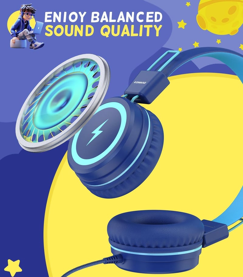 KONNAO Gyerek Fejhallgató USB-C LED Fénnyel, Összecsukható Vezetékes Headset Mikrofon 85dB Hallásvédelem
