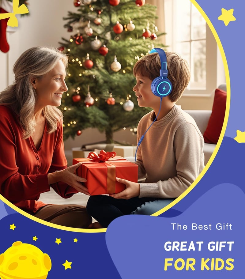 KONNAO Gyerek Fejhallgató USB-C LED Fénnyel, Összecsukható Vezetékes Headset Mikrofon 85dB Hallásvédelem