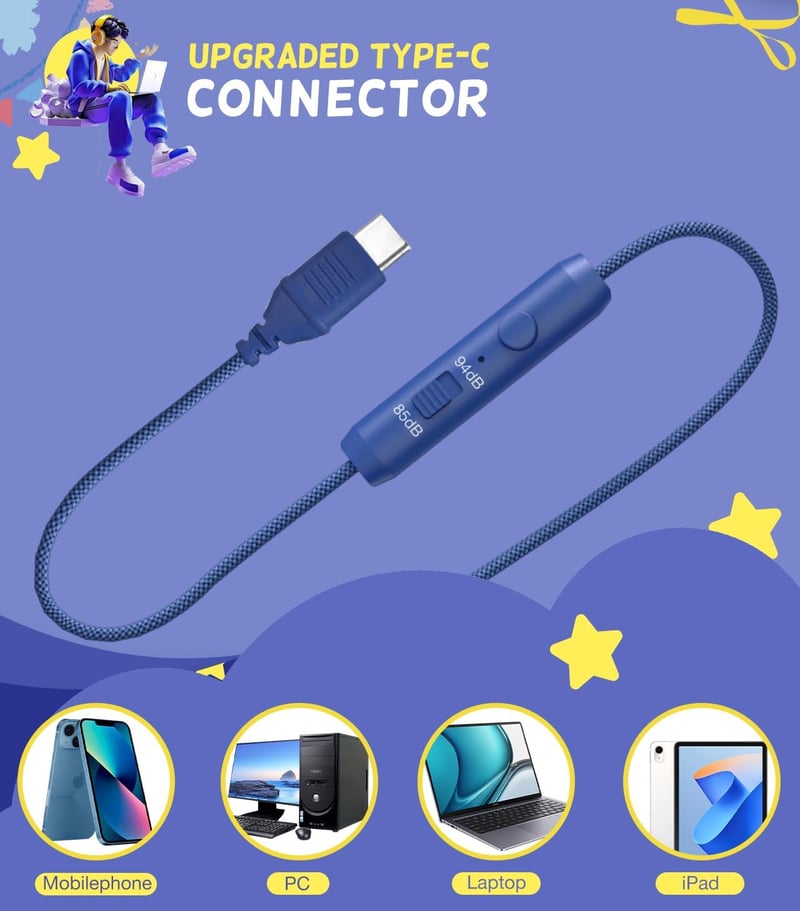 KONNAO Gyerek Fejhallgató USB-C LED Fénnyel, Összecsukható Vezetékes Headset Mikrofon 85dB Hallásvédelem