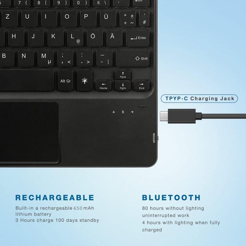 KOOCHUWAH Bluetooth Billentyűzet Touchpad-dal, 7 Szín Háttérvilágítás, Tablet és iPad