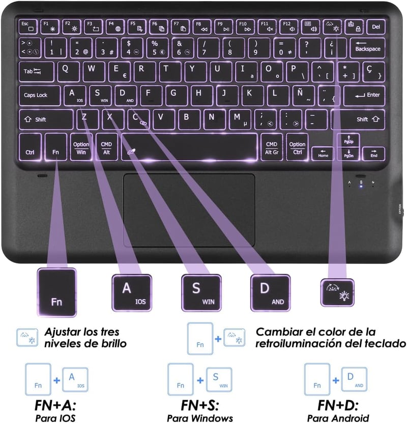 KOOCHUWAH Bluetooth Billentyűzet Touchpad Egérrel, LED Háttérvilágítás, 11 Szín, QWERTY