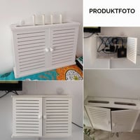 Dvojposchodová závesná polica KOOGIMDDR na Wi-Fi router a káblový box, s dvojitými žalúziovými dvierkami, elegantné riešenie na dekoráciu domácnosti 7