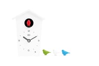 Dizajnové kukučkové hodiny KOOKOO BirdHouse Mini v bielej farbe s hlasmi 12 spevavých vtákov alebo zvukom kukučky, moderné malé nástenné hodiny 1