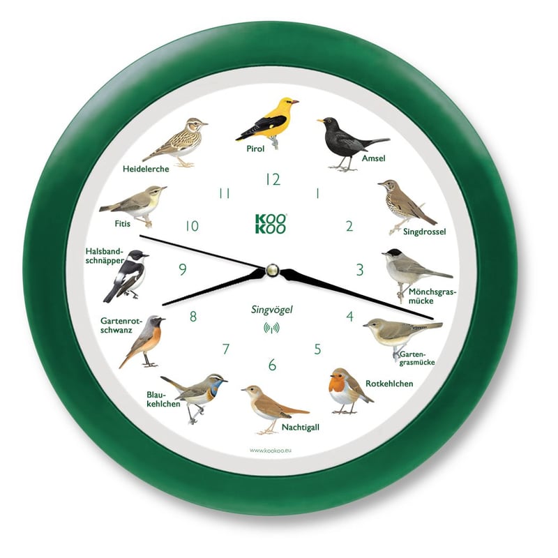 KooKoo Singvogel nástenné hodiny s vtáčím spevom a rádiovým riadením - zelené - 34 cm