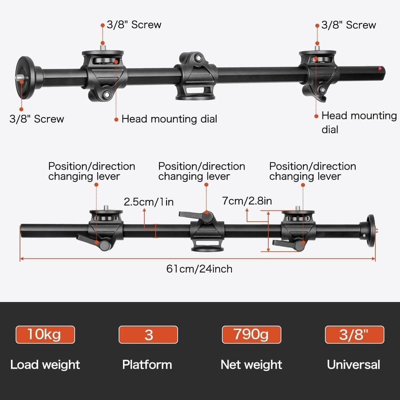 Braț orizontal pentru trepied cameră Koolehaoda, ax extensibil de 60 cm pentru macrofotografie