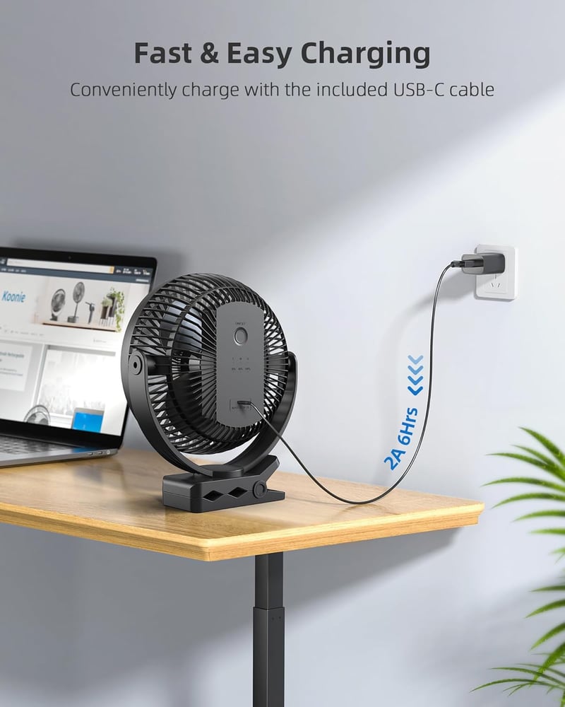 Koonie 10000 mAh Hordozható Ventilátor USB, 20cm, 4 Fokozat, 360° Forgás, Csendes