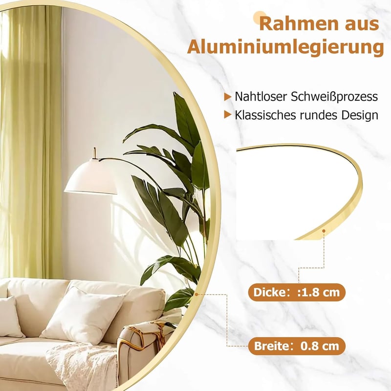 Koonmi 80 cm Kerek Arany Fali Tükör Alumínium Kerettel - Fürdőszobába, Nappaliba, Hálószobába, Előszobába, Modern Dekoráció