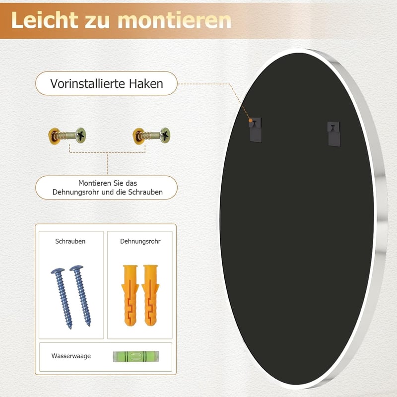 Oglindă rotundă de perete Koonmi 70 cm cu ramă metalică argintie pentru baie, sufragerie, dormitor