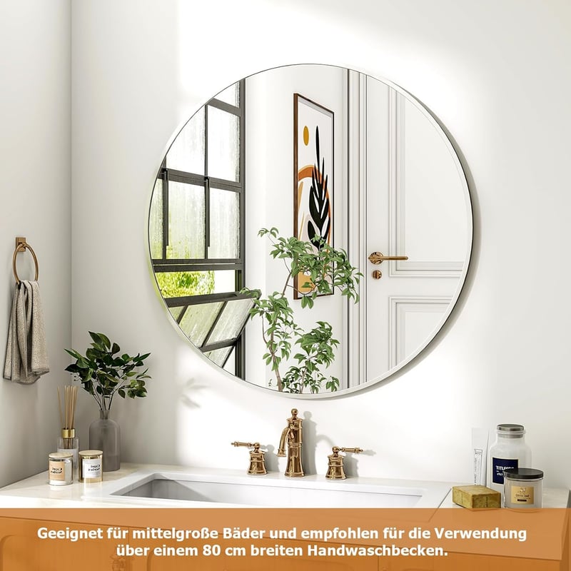 Oglindă rotundă de perete Koonmi 70 cm cu ramă metalică argintie pentru baie, sufragerie, dormitor
