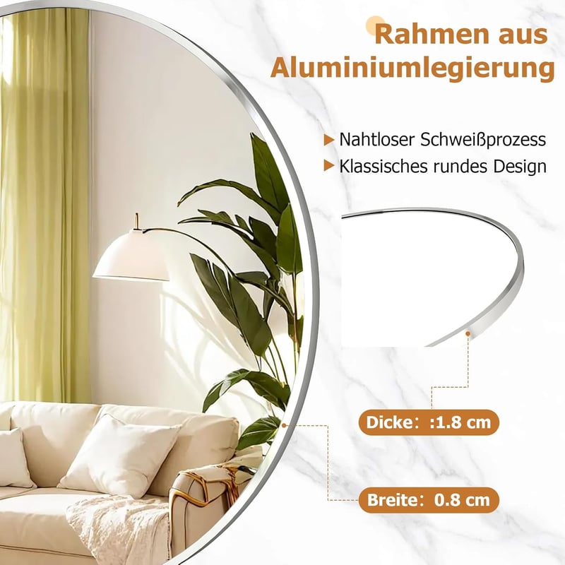 Oglindă rotundă de perete Koonmi 70 cm cu ramă metalică argintie pentru baie, sufragerie, dormitor
