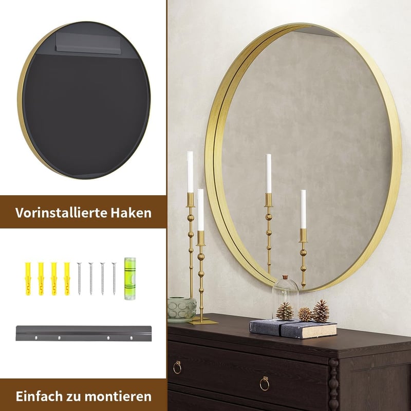 Koonmi 76 cm Arany Kerek Tükör Fekete Fém Kerettel - Fürdőszobai Fali Tükör Érintésérzékelővel, Modern Dekoráció Nappaliba, Előszobába