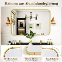 Koonmi Arany Falitükör 75x122 cm - Alumínium Kerettel, Lekerekített Sarkokkal, HD Nano Üveg, Fürdőszobai Tükör, Vízszintesen vagy Függőleges 4