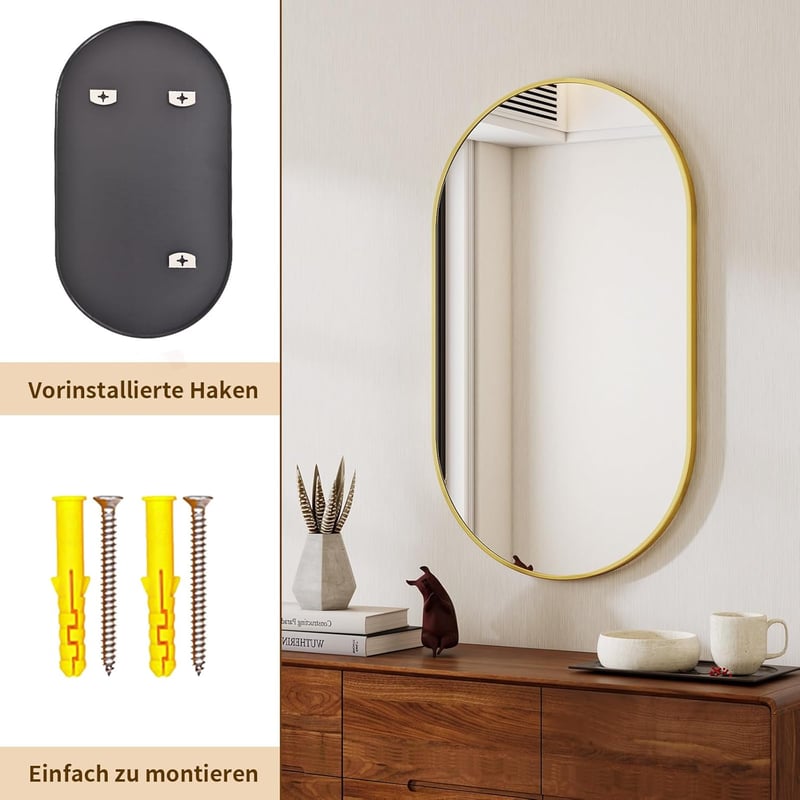 Koonmi Arany Ovális Fürdőszobai Tükör 56x96 cm - Edzett Üveg Fali Tükör Alumínium Kerettel, Torzításmentes, Függőleges/Vízszintes Akasztássa