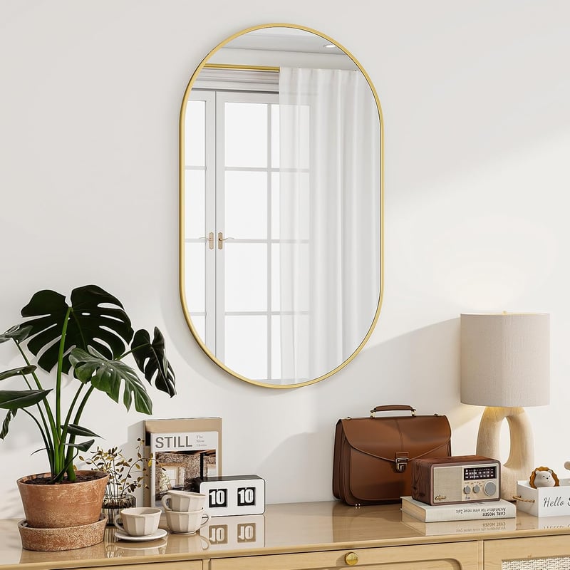Koonmi Arany Ovális Fürdőszobai Tükör 56x96 cm - Edzett Üveg Fali Tükör Alumínium Kerettel, Torzításmentes, Függőleges/Vízszintes Akasztássa