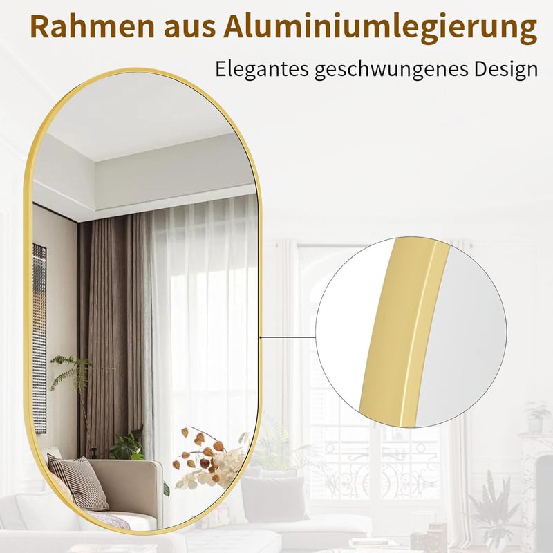 Koonmi Arany Ovális Fürdőszobai Tükör 56x96 cm - Edzett Üveg Fali Tükör Alumínium Kerettel, Torzításmentes, Függőleges/Vízszintes Akasztássa