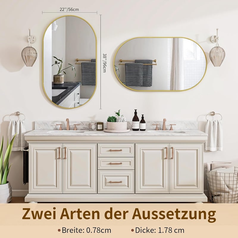 Koonmi Arany Ovális Fürdőszobai Tükör 56x96 cm - Edzett Üveg Fali Tükör Alumínium Kerettel, Torzításmentes, Függőleges/Vízszintes Akasztássa
